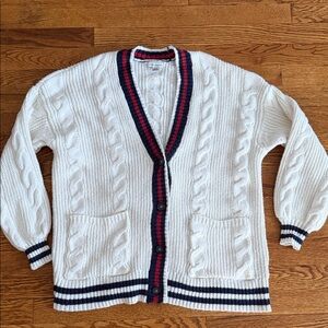 American Eagle Outfitters White Cable Knit Cardigan with Red and Blue Accents